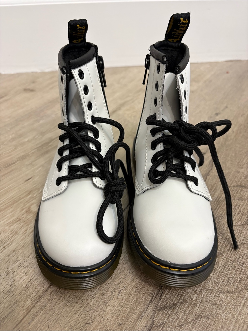 Dr. Martens White Kids Lace-Up Combat Boots with Black Trim NEW